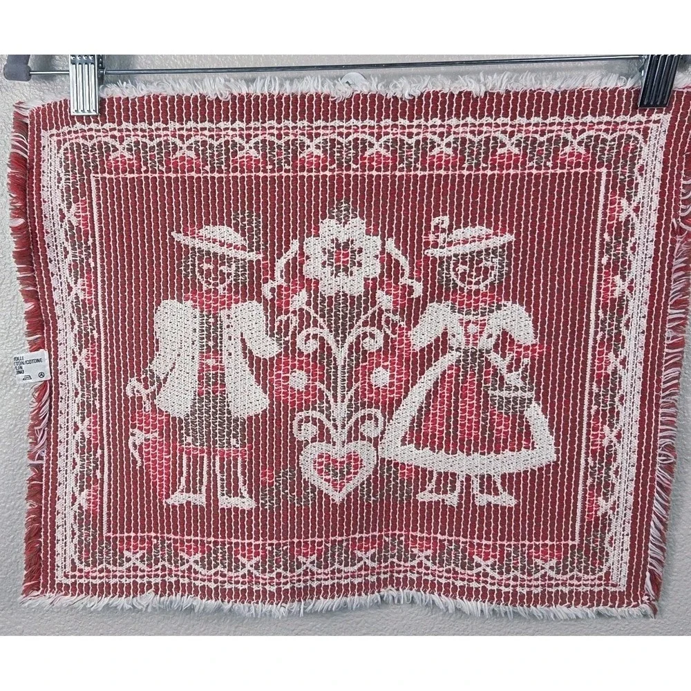 vintage austrian folk tapestry wall hanging red cream cotton linen 13x15